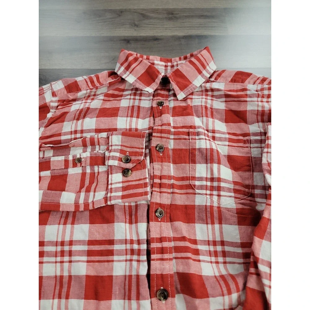 The North Face Linen Blend Button Down Shirt Large Red Plaid Collared Camp Mens